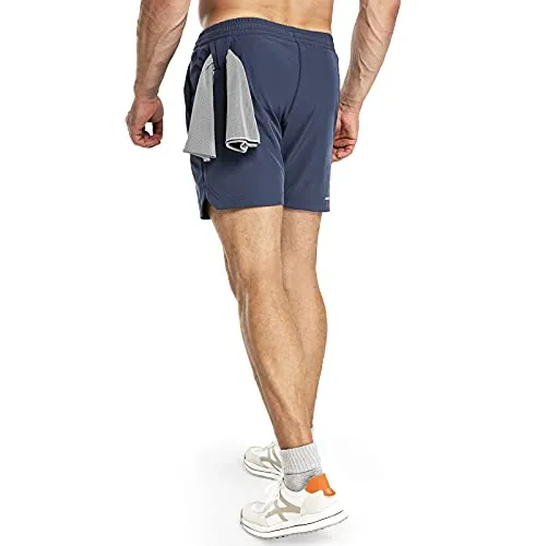 33,000ft Men's 2 in 1 Workout Running Shorts Quick Dry Stretch 7 Inch Gym Training Sports Shorts with Pockets and Towel Loop Dark Blue