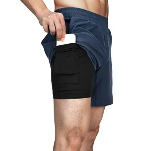 33,000ft Men's 2 in 1 Workout Running Shorts Quick Dry Stretch 7 Inch Gym Training Sports Shorts with Pockets and Towel Loop Dark Blue