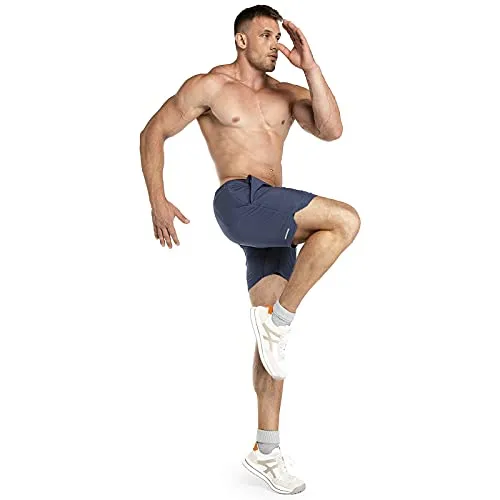33,000ft Men's 2 in 1 Workout Running Shorts Quick Dry Stretch 7 Inch Gym Training Sports Shorts with Pockets and Towel Loop Dark Blue