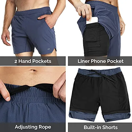 33,000ft Men's 2 in 1 Workout Running Shorts Quick Dry Stretch 7 Inch Gym Training Sports Shorts with Pockets and Towel Loop Dark Blue