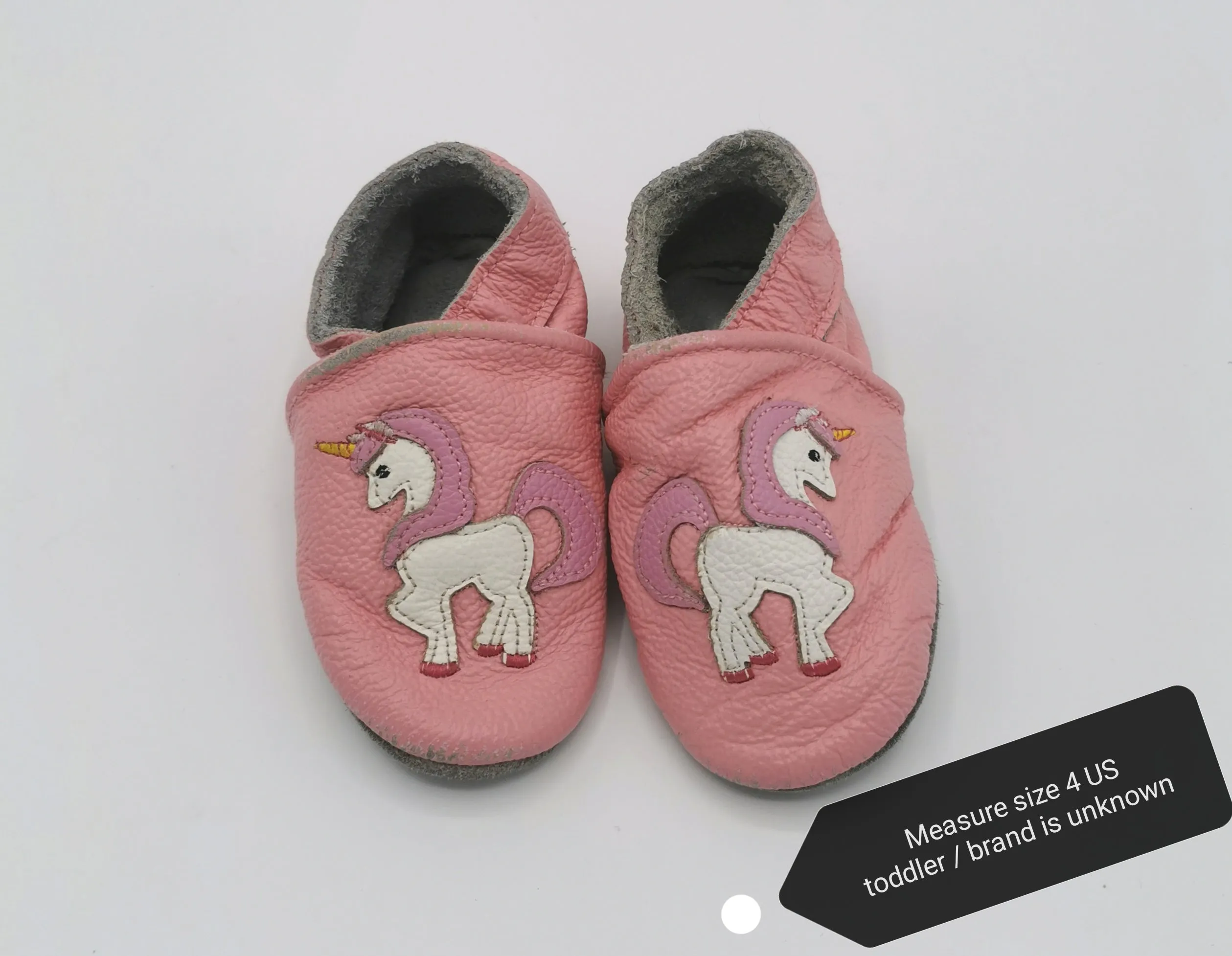BABY GIRL SIZE 4 TODDLER - Slip on Leather Moccasins, Pink, Unicorns VGUC B2