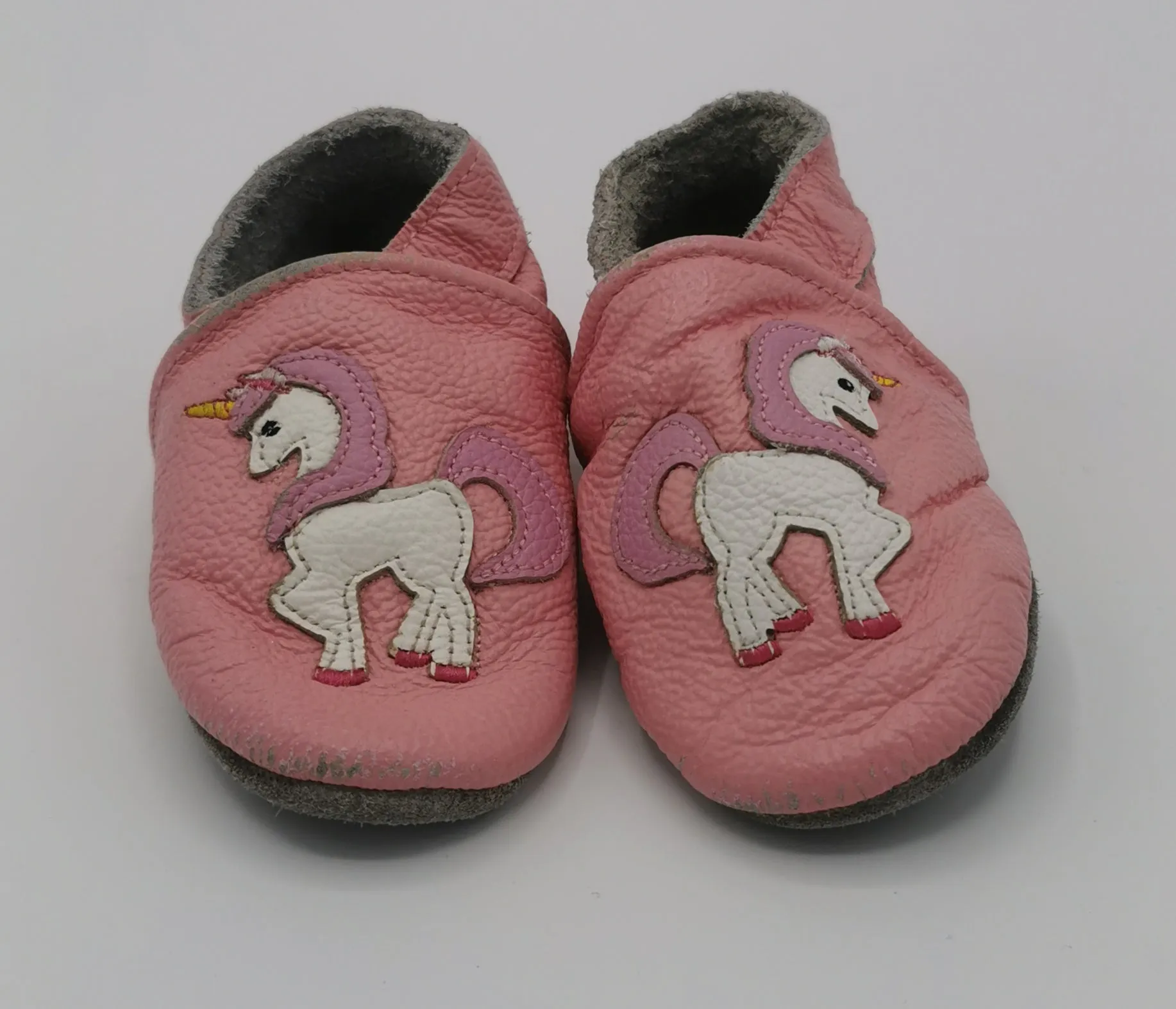 BABY GIRL SIZE 4 TODDLER - Slip on Leather Moccasins, Pink, Unicorns VGUC B2