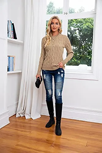 Breampot Women Cable Knit Jumper Casual Basic Long Sleeve Pullover Sweater Tops(Khaki,Small)