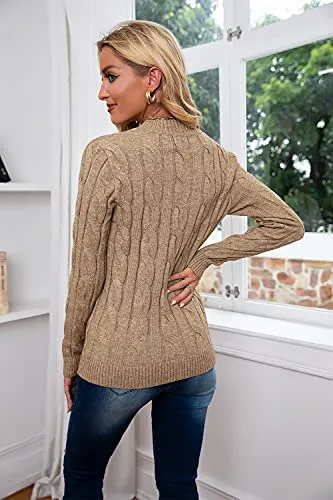 Breampot Women Cable Knit Jumper Casual Basic Long Sleeve Pullover Sweater Tops(Khaki,Small)