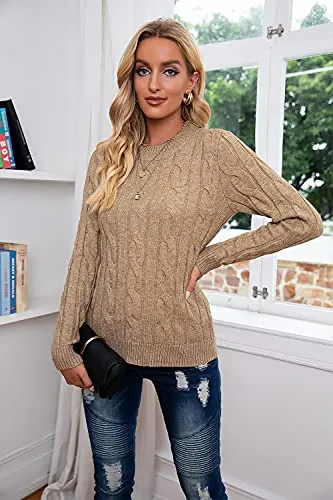 Breampot Women Cable Knit Jumper Casual Basic Long Sleeve Pullover Sweater Tops(Khaki,Small)