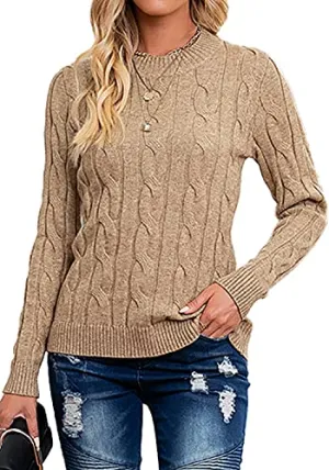 Breampot Women Cable Knit Jumper Casual Basic Long Sleeve Pullover Sweater Tops(Khaki,Small)