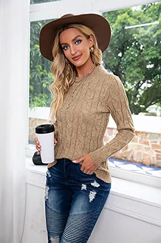 Breampot Women Cable Knit Jumper Casual Basic Long Sleeve Pullover Sweater Tops(Khaki,Small)