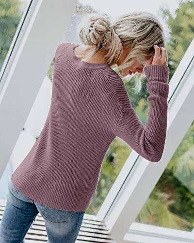 Breampot Women Cable Knit Jumper Casual Basic Long Sleeve Pullover Sweater Tops(Y-Pink,Small)