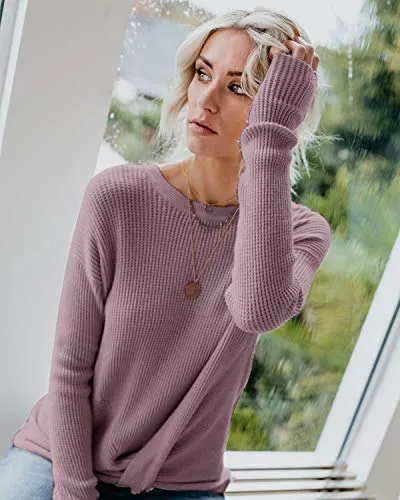 Breampot Women Cable Knit Jumper Casual Basic Long Sleeve Pullover Sweater Tops(Y-Pink,Small)