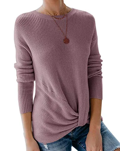 Breampot Women Cable Knit Jumper Casual Basic Long Sleeve Pullover Sweater Tops(Y-Pink,Small)