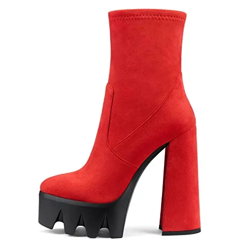 Castamere Women Platform Ankle Boots Short Bootie High Heel Close Toe Chunky Block 5.9 Inches Heels Zipper Slip-on Boots Red Suede 8 M US