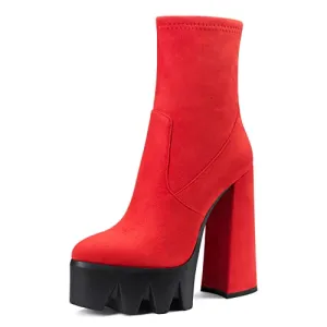 Castamere Women Platform Ankle Boots Short Bootie High Heel Close Toe Chunky Block 5.9 Inches Heels Zipper Slip-on Boots Red Suede 8 M US