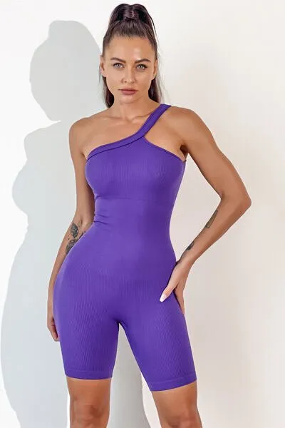 Chic Asymmetrical Neck Fitness Romper with Supportive Straps