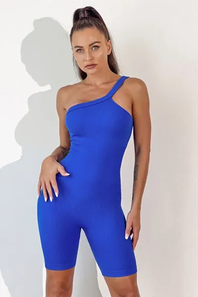 Chic Asymmetrical Neck Fitness Romper with Supportive Straps