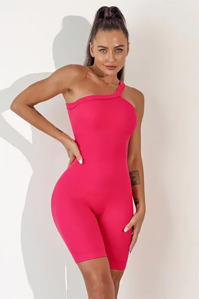 Chic Asymmetrical Neck Fitness Romper with Supportive Straps