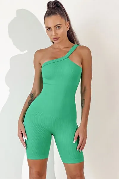 Chic Asymmetrical Neck Fitness Romper with Supportive Straps