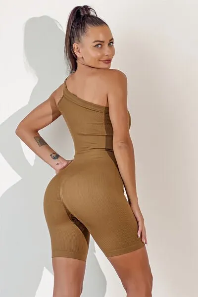 Chic Asymmetrical Neck Fitness Romper with Supportive Straps