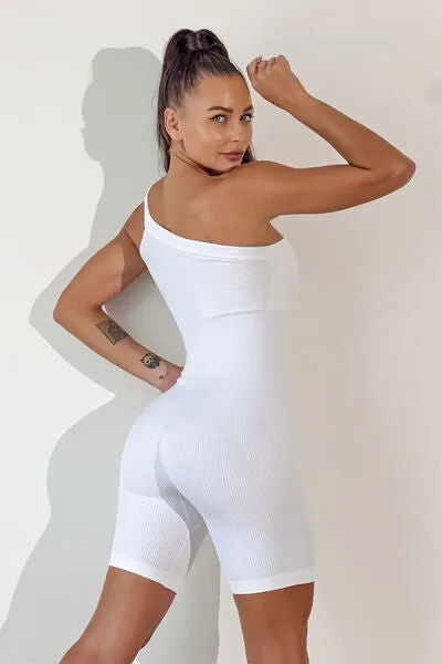 Chic Asymmetrical Neck Fitness Romper with Supportive Straps