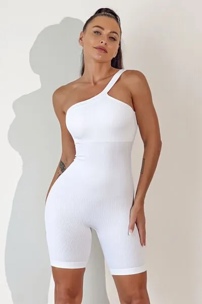 Chic Asymmetrical Neck Fitness Romper with Supportive Straps