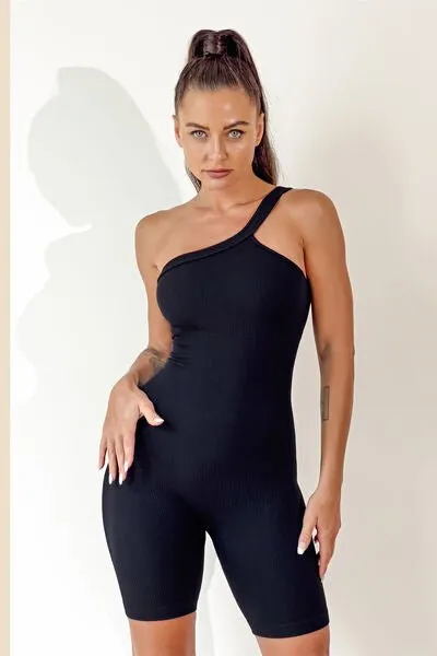 Chic Asymmetrical Neck Fitness Romper with Supportive Straps