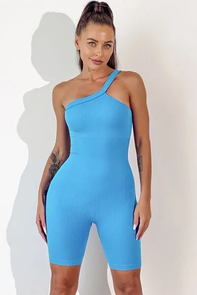 Chic Asymmetrical Neck Fitness Romper with Supportive Straps