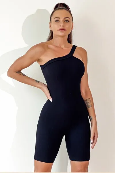 Chic Asymmetrical Neck Fitness Romper with Supportive Straps