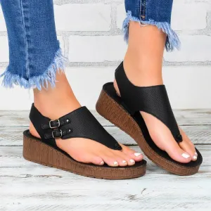 Chicvane Hollow Out Buckle Closure Platform Sandals Flip Flops