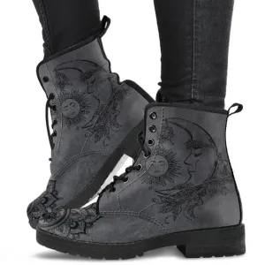 Combat Boots for Women - Dark Gray Sun and Moon Handcrafted, Aesthetic Custom Shoes, 90s Boots