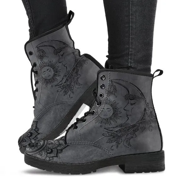 Combat Boots for Women - Dark Gray Sun and Moon Handcrafted, Aesthetic Custom Shoes, 90s Boots