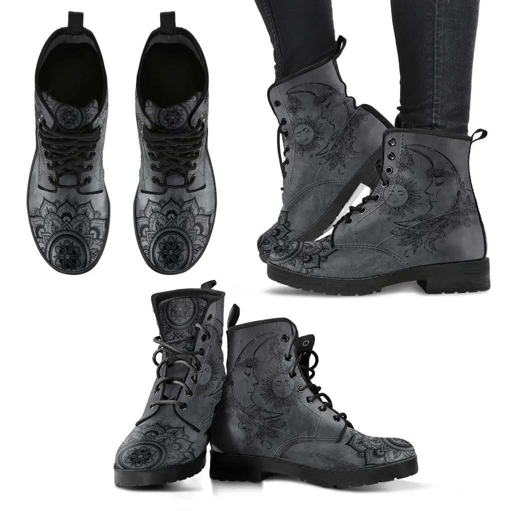 Combat Boots for Women - Dark Gray Sun and Moon Handcrafted, Aesthetic Custom Shoes, 90s Boots