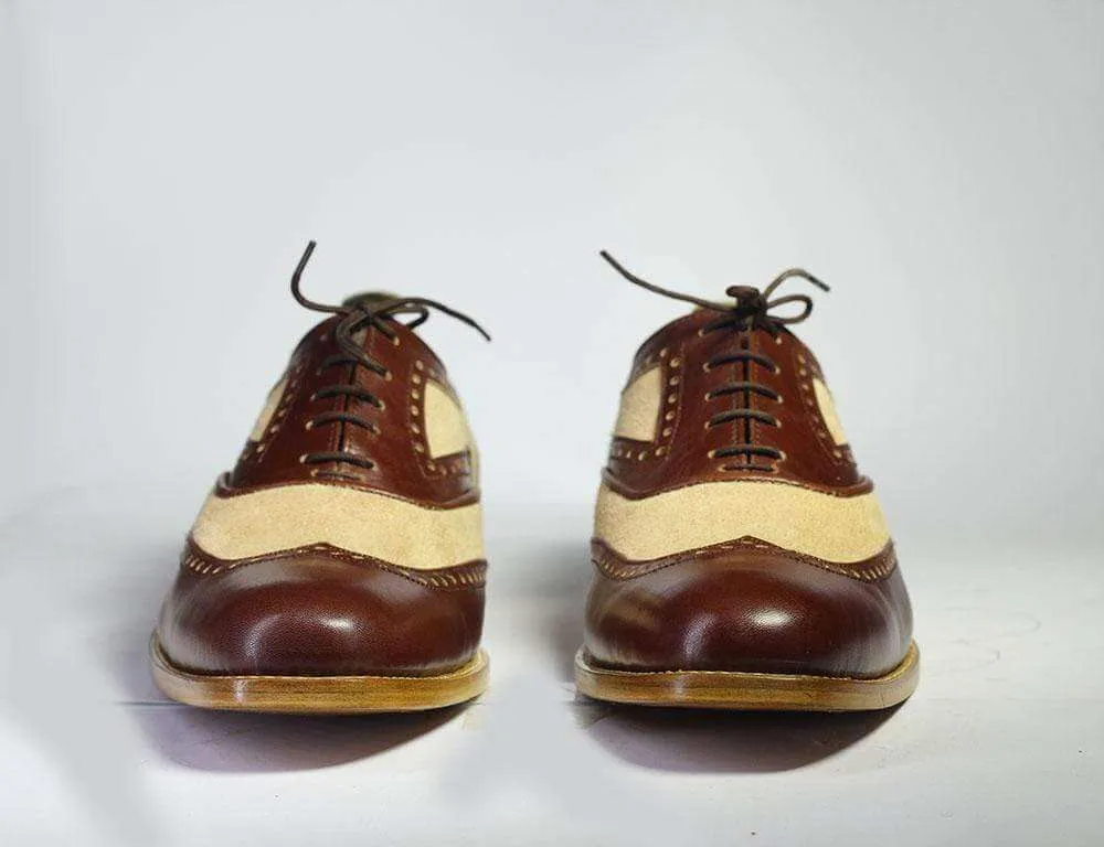 Handmade Men's Brown Beige Wing Tip Leather Suede Shoes, Men Designer Shoes
