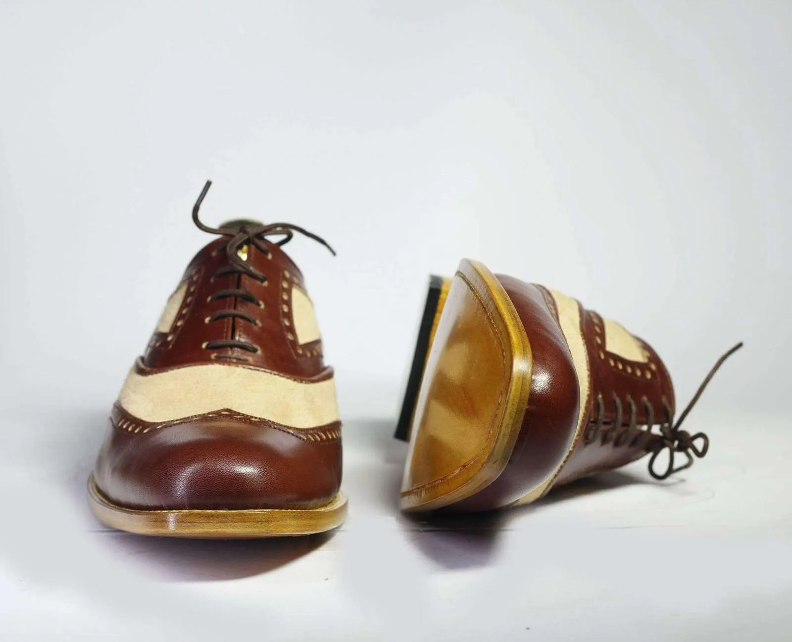 Handmade Men's Brown Beige Wing Tip Leather Suede Shoes, Men Designer Shoes