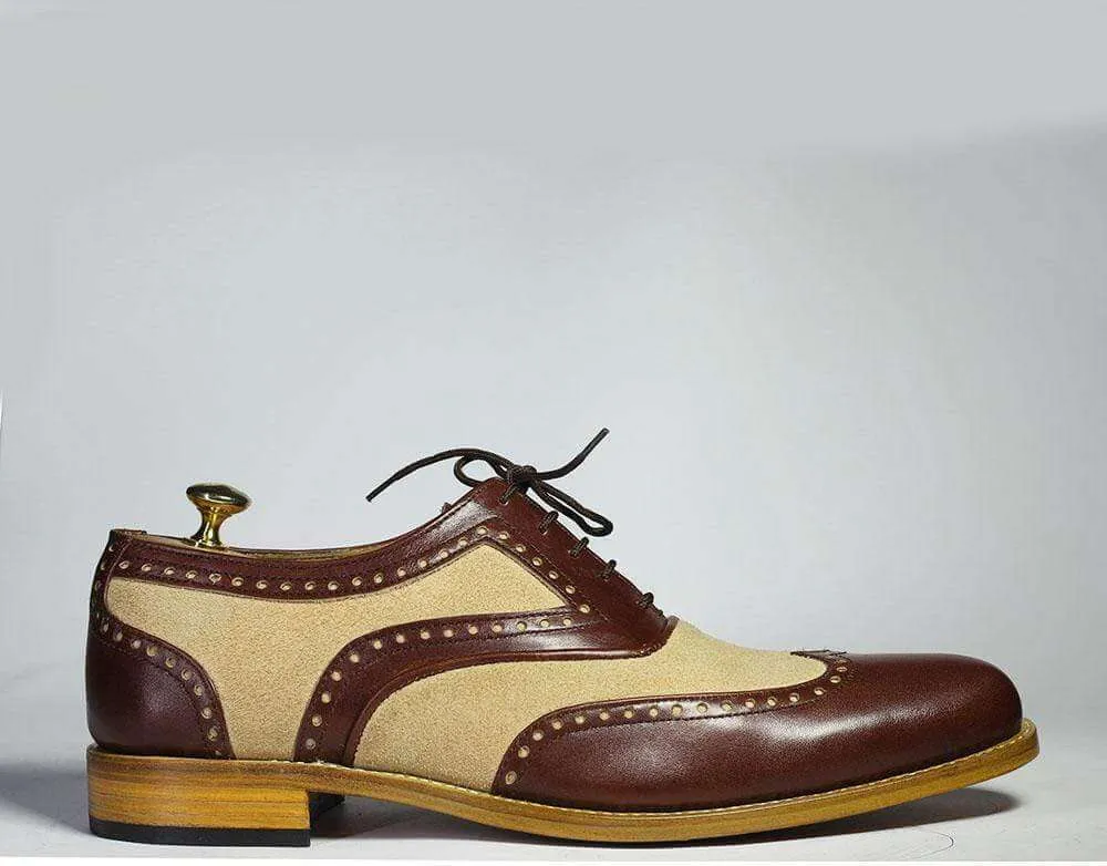 Handmade Men's Brown Beige Wing Tip Leather Suede Shoes, Men Designer Shoes