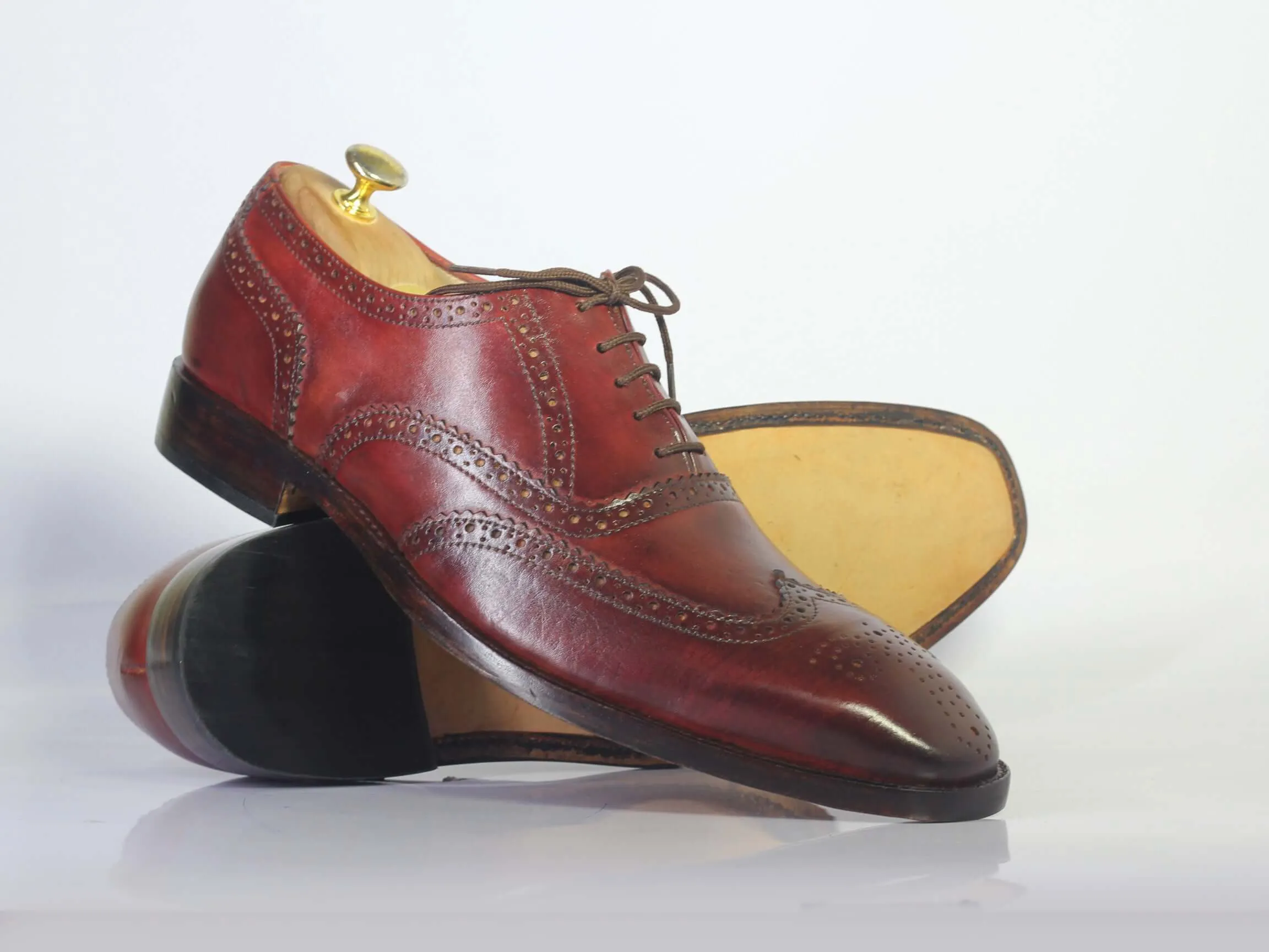Handmade Men's Burgundy Color Leather Wing Tip Brogue Lace Up Shoes, Men Designer Dress Formal Luxury Shoes