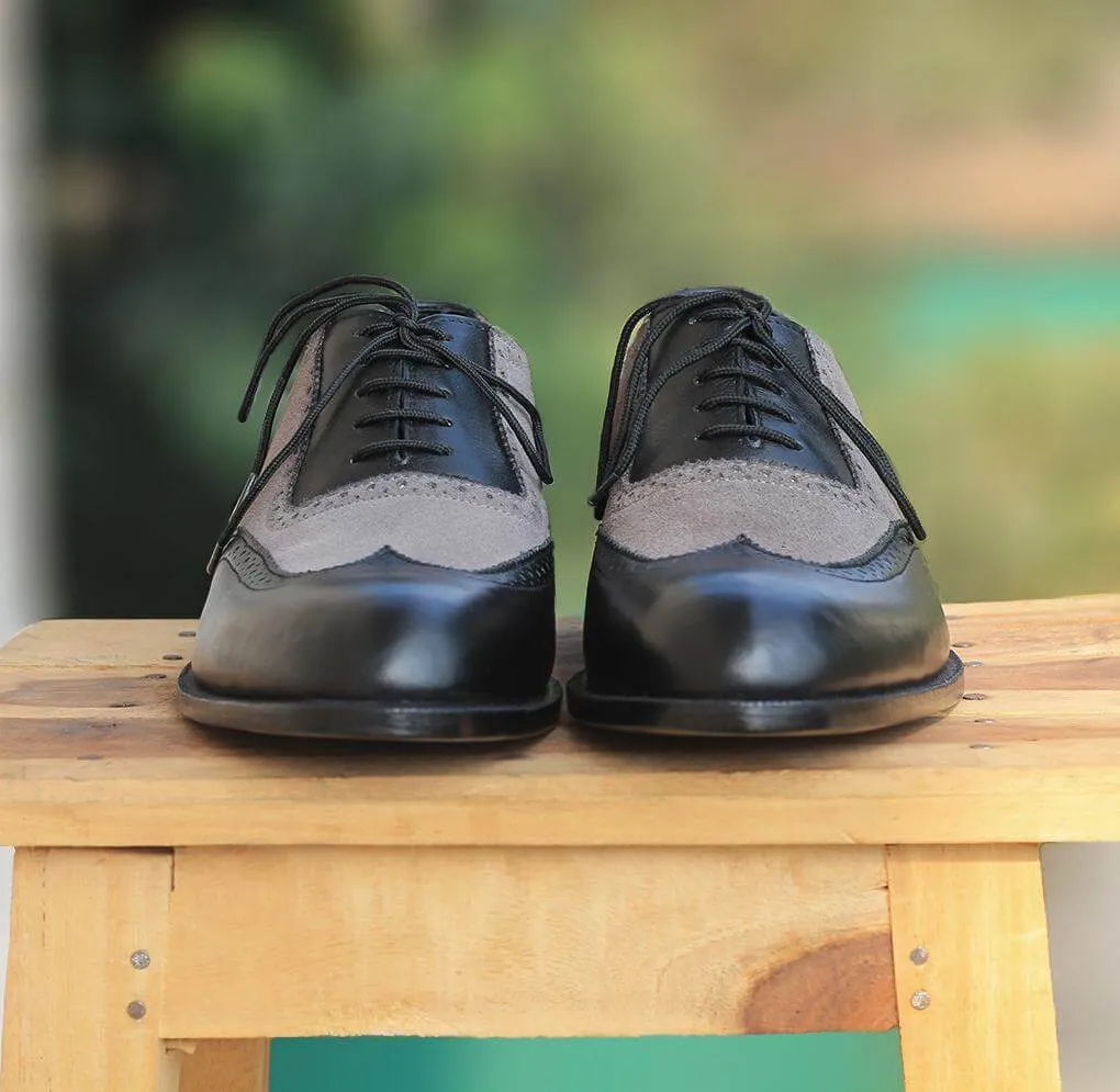 Handmade Men's Two Tone Black Gray Leather Suede Wing Tip Lace Up Shoes, Men Designer Dress Formal Luxury Shoes