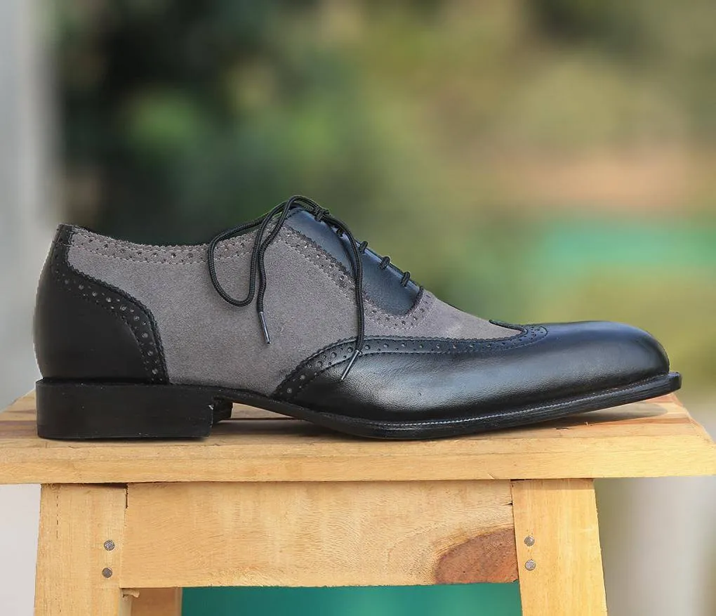 Handmade Men's Two Tone Black Gray Leather Suede Wing Tip Lace Up Shoes, Men Designer Dress Formal Luxury Shoes