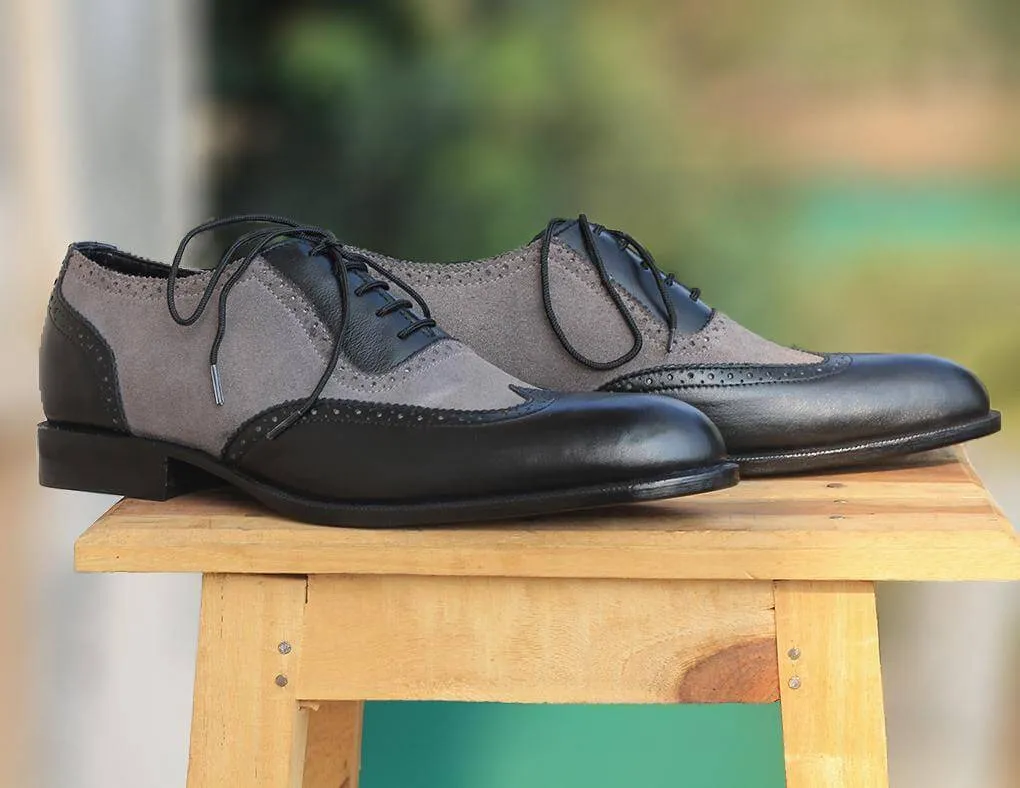 Handmade Men's Two Tone Black Gray Leather Suede Wing Tip Lace Up Shoes, Men Designer Dress Formal Luxury Shoes