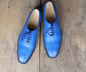 Men’s Handmade Blue Color Leather Shoes, Men Cap Toe Brogue Dress Formal Shoes