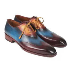 Paul Parkman Handmade Designer Shoes Men's Three Tone Bordeaux, Blue & Camel Wingtip Calfskin Oxfords AL3249TU (PM5721)