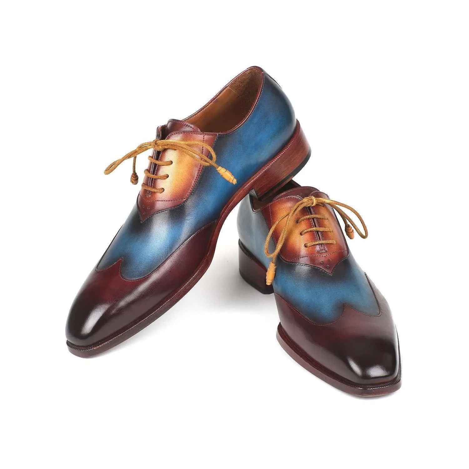 Paul Parkman Handmade Designer Shoes Men's Three Tone Bordeaux, Blue & Camel Wingtip Calfskin Oxfords AL3249TU (PM5721)