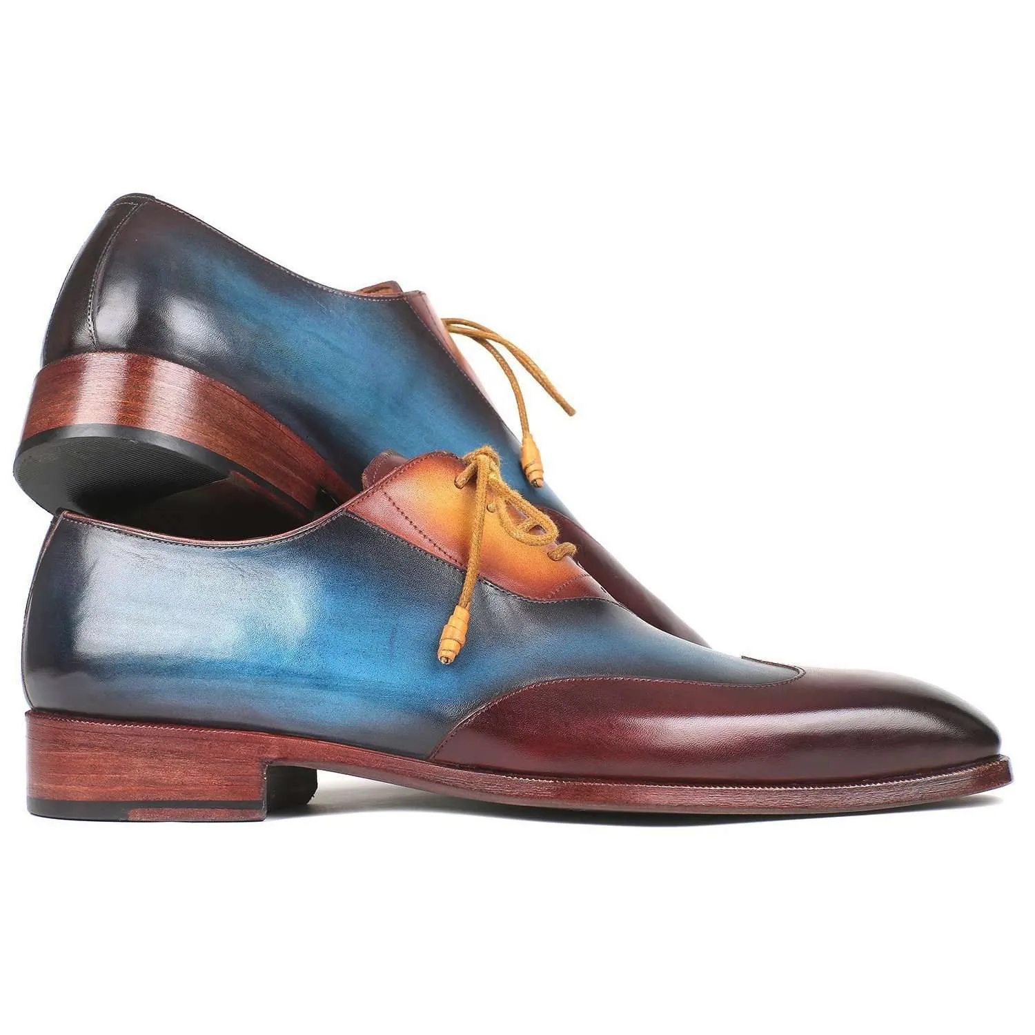 Paul Parkman Handmade Designer Shoes Men's Three Tone Bordeaux, Blue & Camel Wingtip Calfskin Oxfords AL3249TU (PM5721)