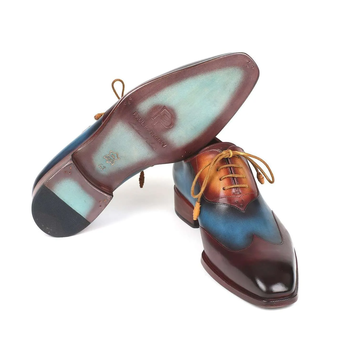 Paul Parkman Handmade Designer Shoes Men's Three Tone Bordeaux, Blue & Camel Wingtip Calfskin Oxfords AL3249TU (PM5721)