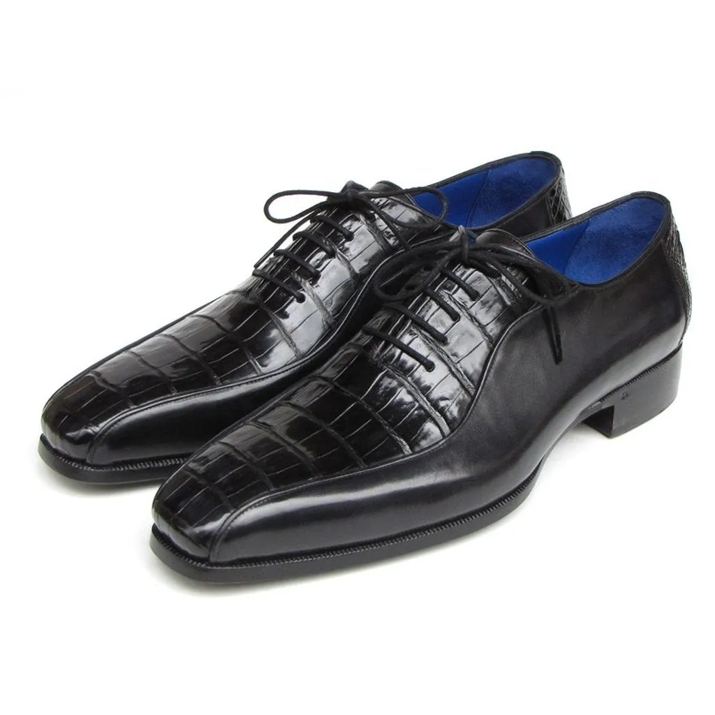 Paul Parkman Men's Black Genuine Crocodile & Calfskin Oxford Shoes (ID#048-BLK)