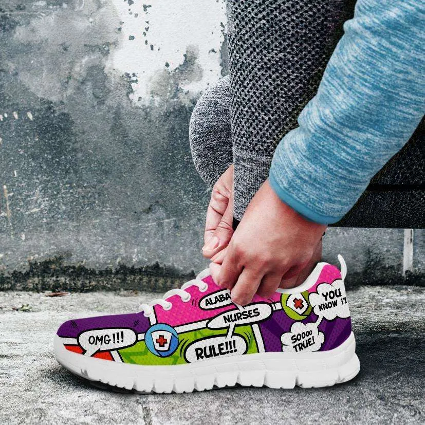 Personalize it Nurse Themed Comic Strip Running Shoes (Your Text in the 3 Main Bubbles)