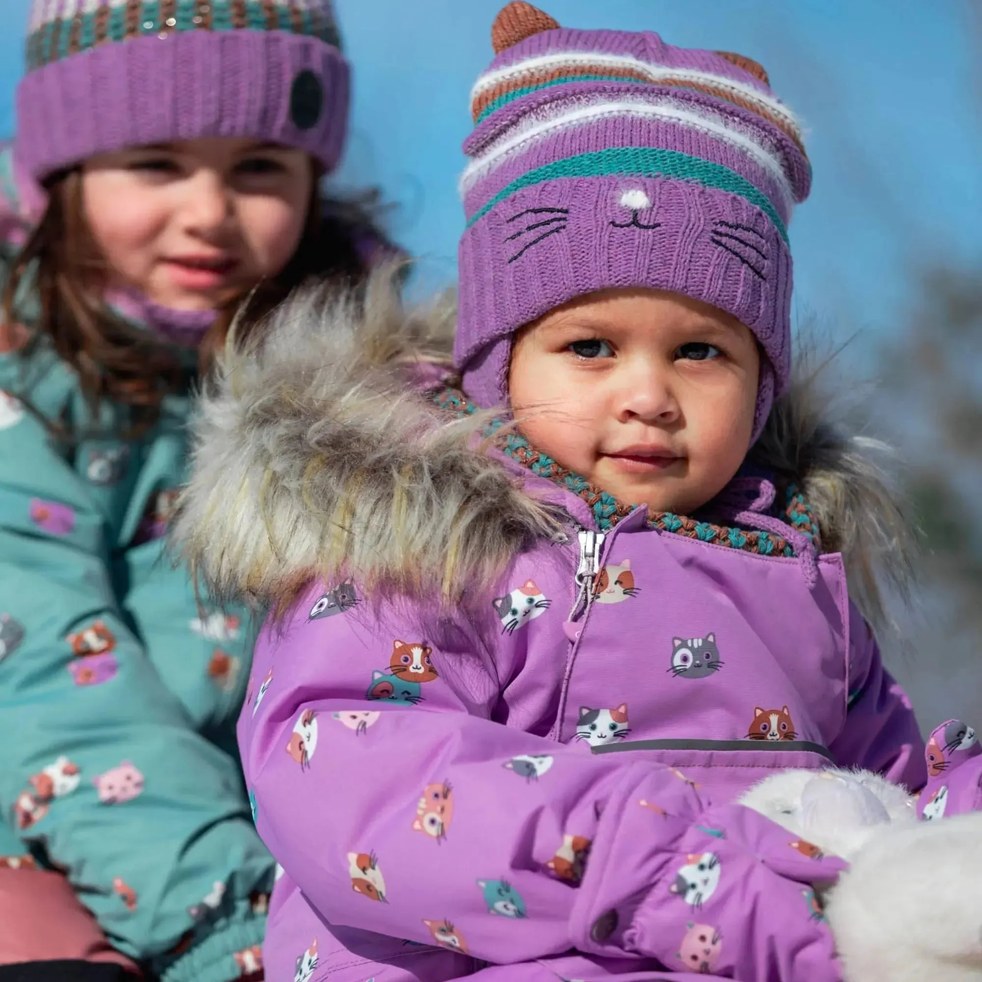 Printed Little Cats One Piece Baby Snowsuit Purple | DEUX PAR DEUX