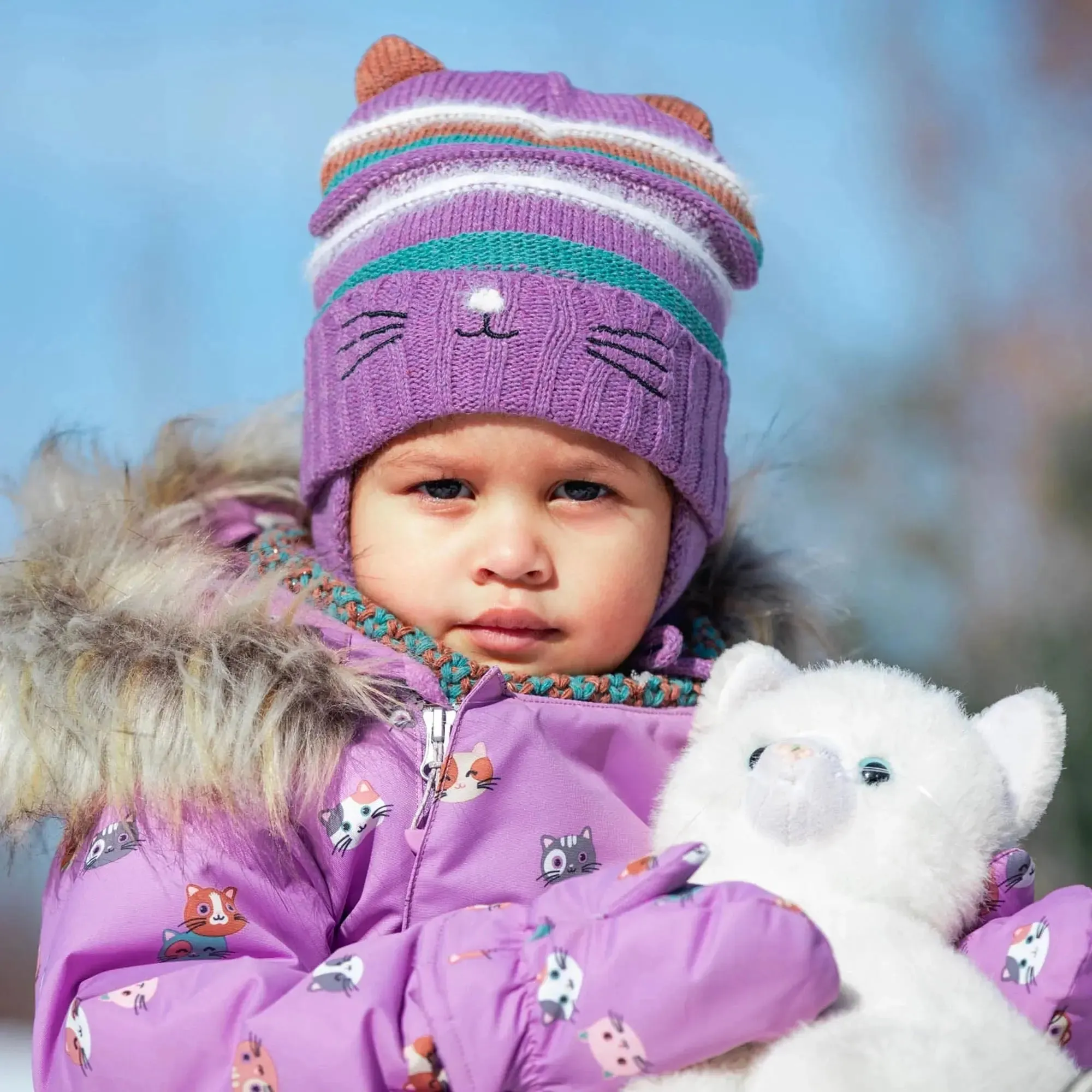 Printed Little Cats One Piece Baby Snowsuit Purple | DEUX PAR DEUX