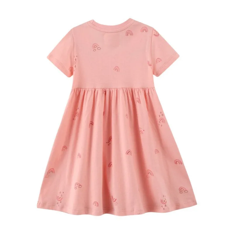 Short Sleeve Beautiful Rainbow Pattern Girls Dress in Pink | Toddler Kid Baby Girl Dress Gift Princess Girl Dresses Cloths 2-8 Years