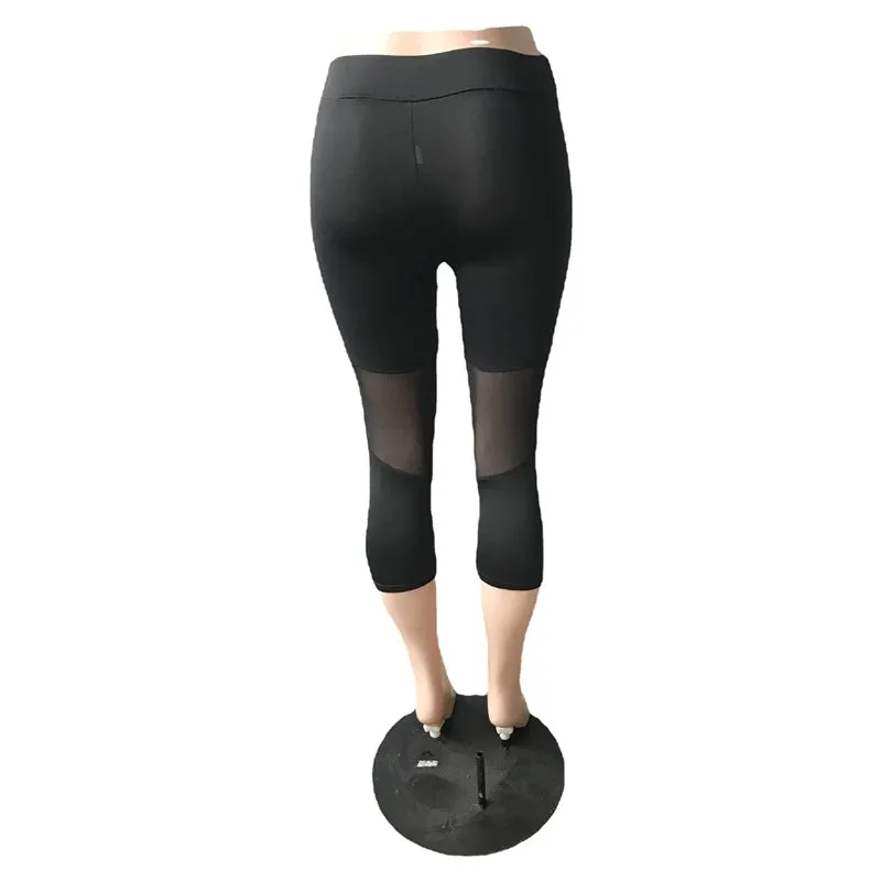 Stylish Black Mesh Patchwork Fitness Leggings for Women - Elastic Capri Jeggings Perfect for Yoga and Workouts