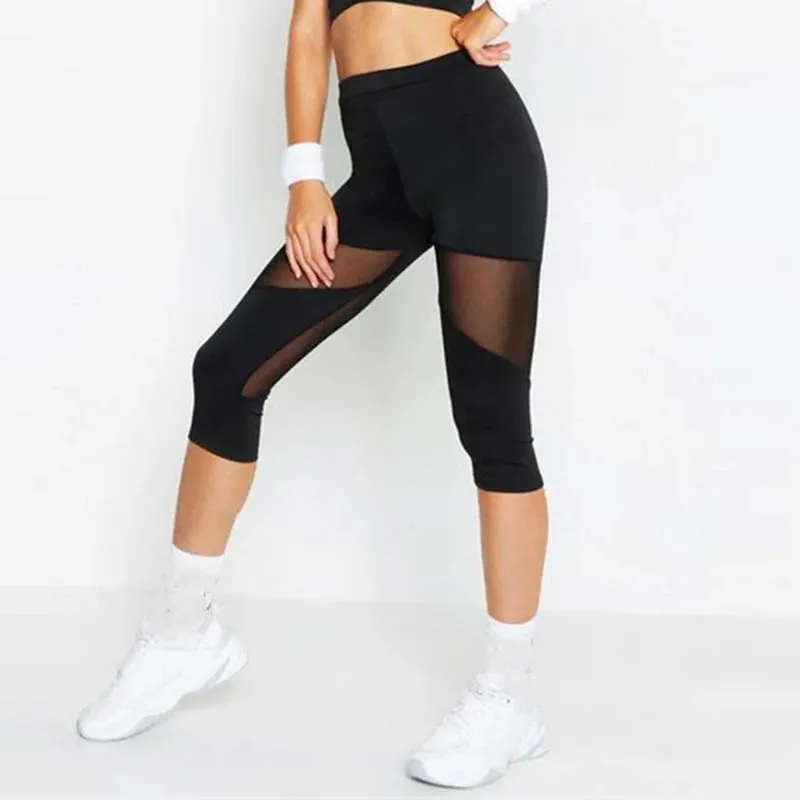 Stylish Black Mesh Patchwork Fitness Leggings for Women - Elastic Capri Jeggings Perfect for Yoga and Workouts
