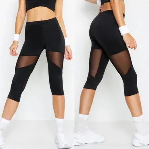 Stylish Black Mesh Patchwork Fitness Leggings for Women - Elastic Capri Jeggings Perfect for Yoga and Workouts